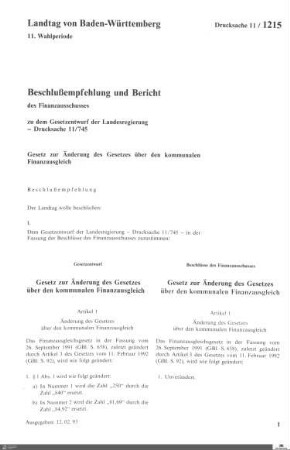 Gesetzesänderung Gesetz über den kommunalen Finanzausgleich