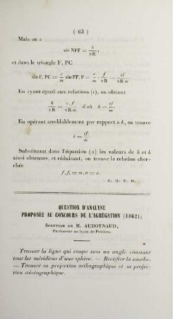 Question d'analyse proposée au concours de l'agrégation (1862).