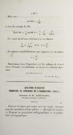 Question d'analyse proposée au concours de l'agrégation (1862).
