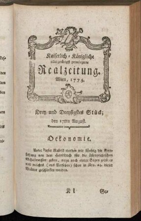 Drey und Dreysigstes Stück; den 17ten August. Wien, 1775.