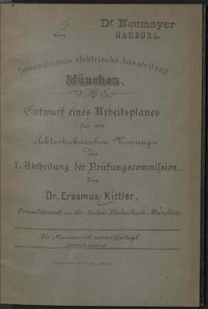 Entwurf eines Arbeitsplanes für die elektrotechnischen Messungen ...