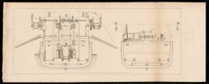 Dampfmaschinen-Bagger für die Vertiefung des Fahrwassers bei Stralsund: Bl. 64: Querschnitte durch den Baggerkahn (aus: Bauausführungen des preußischen Staats, Bd. 1)