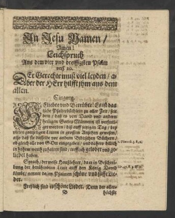 Leichspruch Aus dem vier und dreissigsten Psalm vers. 20.