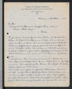 Brief der Ortsgruppe Magdeburg an Helene Lange