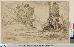 Flusslandschaft mit Bäumen und Brücke