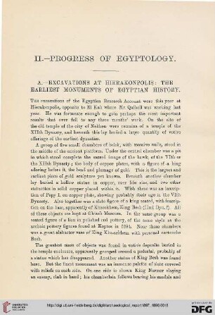Progress of Egyptology : excavations at Hierakonpolis; the earliest monuments of egyptian history