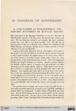 Progress of Egyptology : excavations at Hierakonpolis; the earliest monuments of egyptian history