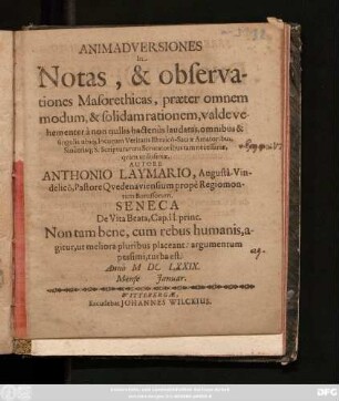 Animadversiones In Notas, & observationes Masorethicas : praeter omnem modum, & solidam rationem ...