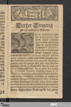 Kurtzer Eingang zur vorhabenden Materie.