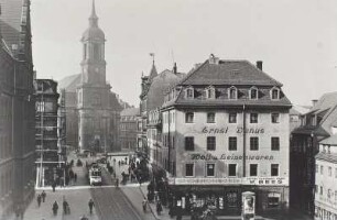 Dresden. Annenstraße gegen Annenkirche : Dresden. Annenstraße. Ansicht mit Wohn- und Geschäftshaus (Nr. 26; u. a. Verkaufsstelle A. & R. Adam-Kunstverlag) gegen Annenkirche