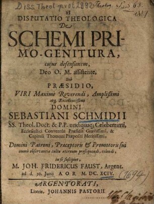 Disputatio Theologica De Schemi Primo-Genitura