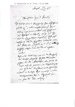 Handschriftlicher Brief von A. Bacmeister an Oscar Fraas