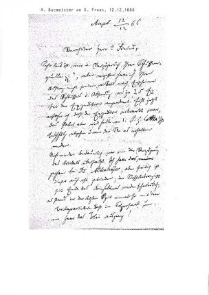 Handschriftlicher Brief von A. Bacmeister an Oscar Fraas