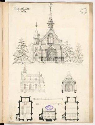 Begräbniskapelle Monatskonkurrenz März 1895: Grundriss Keller, Erdgeschoss, Empore, Aufriss Vorderansicht, Seitenansicht, Querschnitt (Richtung Altar); 2 Maßstabsleisten