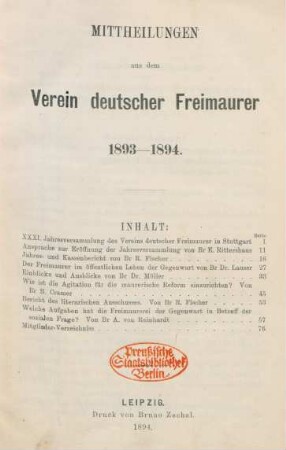 1893/94: Mitteilungen aus dem Verein Deutscher Freimaurer