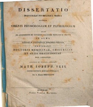 Diss. inaug. physiol. med. sistens omenti physiologiam et pathologiam