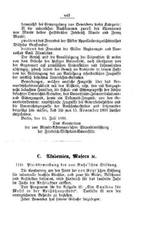 Preisbewerbung der von Rohr`schen Stiftung : [C. Akademien, Museen etc.]