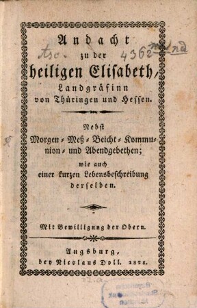 Andacht zu der hl. Elisabeth Landgräfin von Thüringen
