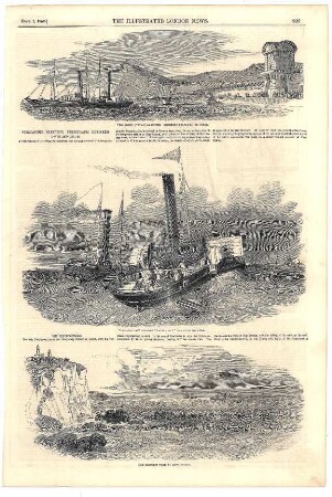 Temporary station at Dover, steamers preparing to start.- The "Goliah" steamer "paying out" the wire.- The electric wire at Cape Grinez