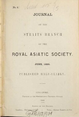 Journal of the Straits Branch of the Royal Asiatic Society. 5. 1880