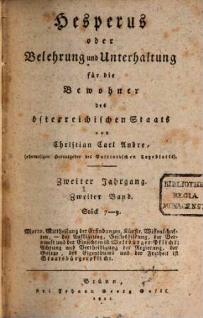 Hesperus oder Belehrung und Unterhaltung für die Bewohner des österreichischen Staats. 2,3. 1811