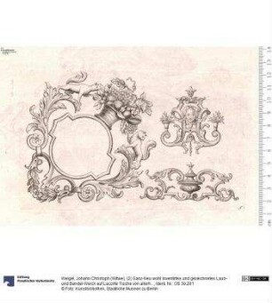 (2) Ganz-Neu wohl inventirtes und gezeichnetes Laub- und Bandel-Werck auf Laccirte Tische von allerhand Ecken ... herausgegeben von Christof Weigels Seel: Wittwe in Nurnberg. 2: theil. Verl.-Nr. 49 (wohl fälschlich statt 349).
