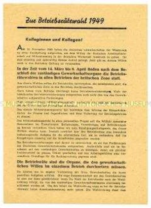 Informationsblatt des DGB zu den Betriebsrätewahlen in der britischen Besatzungszone 1949