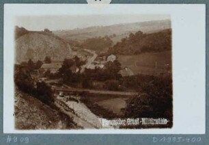 Blick in den Plauenschen Grund auf die Garnisonsmühle (Kupferhammer, Pulvermühle) unterhalb der Heidenschanze