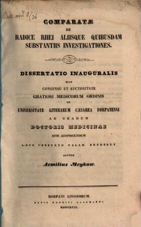 Comparatae de radice rhei aliisque quibusdam substantiis investigationes : (Diss. inaug.)