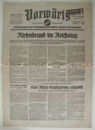 Nachdruck des Zentralorgan der SPD "Vorwärts" vom Tag des Reichstagsbrandes