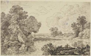 Flußlandschaft mit großem Felsen und Staffagefiguren