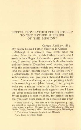 Letter from Father Pedro Rosell to the Father Superior of the mission