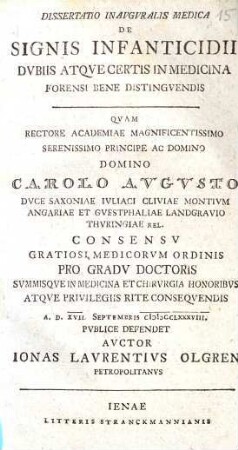 Dissertatio inauguralis medica de signis infanticidii dubiis atque certis in medicina forensi bene distinguendis