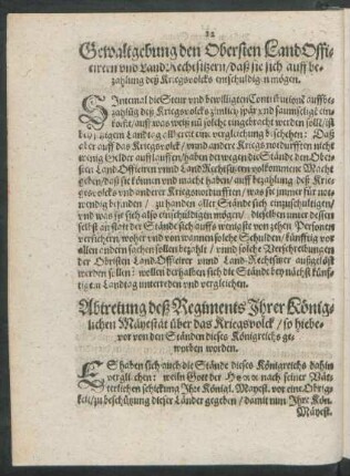 Abtretung deß Regiments Ihrer Königlichen Mäyestät über das Kriegsvolck ...
