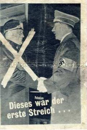 Abwurf-Flugblatt der Alliierten mit einer Abbildung zum Sturz von Mussolini und einer Auflistung von Kriegsereignissen von November 1942 bis Juli 1943
