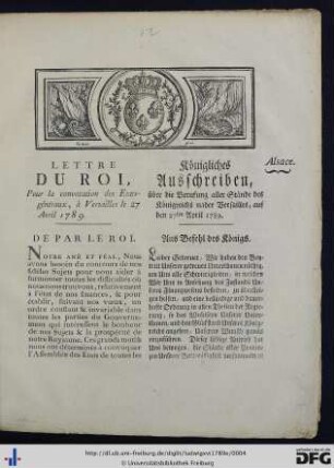 Lettre Du Roi, Pour la convocation des Etats-géneraux, à Versailles le 27 Avril 1789.