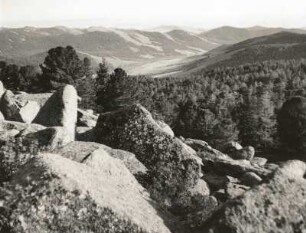 Bogdo ola (Tschoibalsan ola) (2273 m). Blick von den Granitblöcken einer Galezterrasse nach Süden in ein Waldsteppental