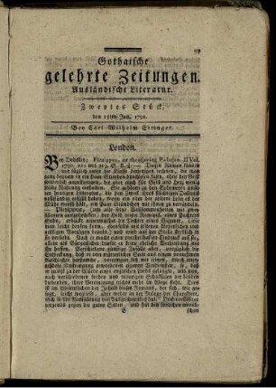 Zweytes Stück, den 15ten Jan. 1791.