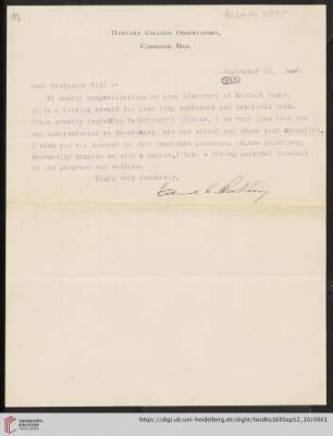 Briefe von Edward Charles Pickering an Max Wolf: Brief von Edward Charles Pickering an Max Wolf