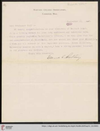 Briefe von Edward Charles Pickering an Max Wolf: Brief von Edward Charles Pickering an Max Wolf