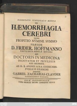 Dissertatio Inavgvralis Medica De Hæmorrhagia Cerebri
