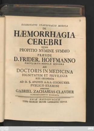 Dissertatio Inavgvralis Medica De Hæmorrhagia Cerebri