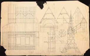 Kirche, Demnitz/Mark Umbau: Grundriss und Schnitt Balkenlage, Turmdetails