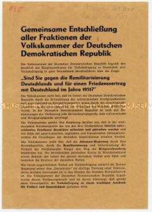 Sonderdruck der Entschließung der Volkskammer über Volksbefragung für Friedensvertrag, gegen Remilitarisierung
