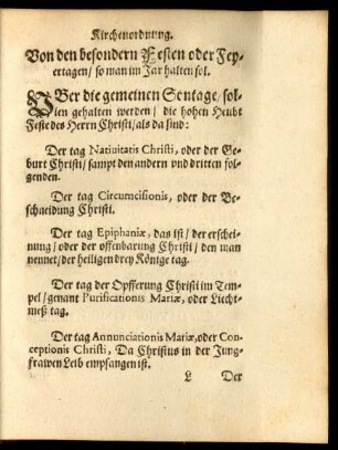 Von den besondern Festen oder Feyertagen/ so man im Jar halten sol.