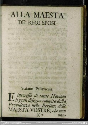 Alla Maesta De'Regi Sposi