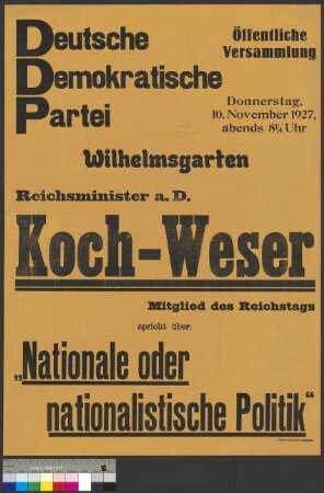 Plakat der DDP zu einer öffentlichen Wahlversammlung am 10. November 1927 in Braunschweig