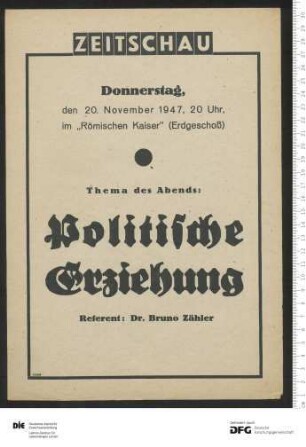 Ankündigung einer einzelnen Veranstaltung 1947