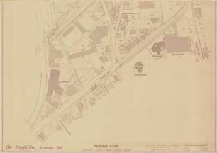 Die Sieghütte, Südlicher Teil. Inhalt:Mühlengrabenstraße; Nordstraße; Stadtpolizei; Kaisergarten mit Hochbunker; Kampenstraße; Sandstraße; Stadtbad. Mit Haus- und Parzellennumerierung.