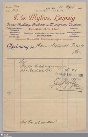 F. G. Mylius, Leipzig, Papier-Handlung, Accidenz- u. Monogramm-Druckerei : Rechnung